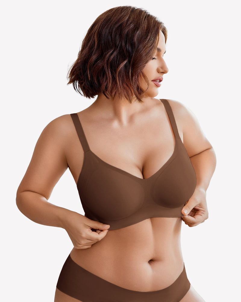 Brown seamless V neck bra on a woman, showcasing wireless support and comfortable design.