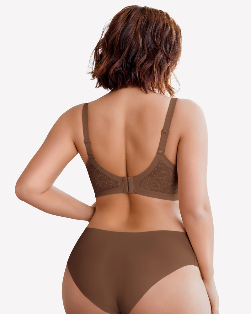 Brown seamless V-neck bra and underwear set, lace detail, wireless support, comfortable design