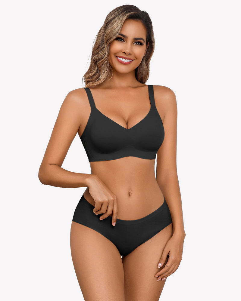 Black seamless V-neck bra and underwear set, wireless support, comfortable design for women