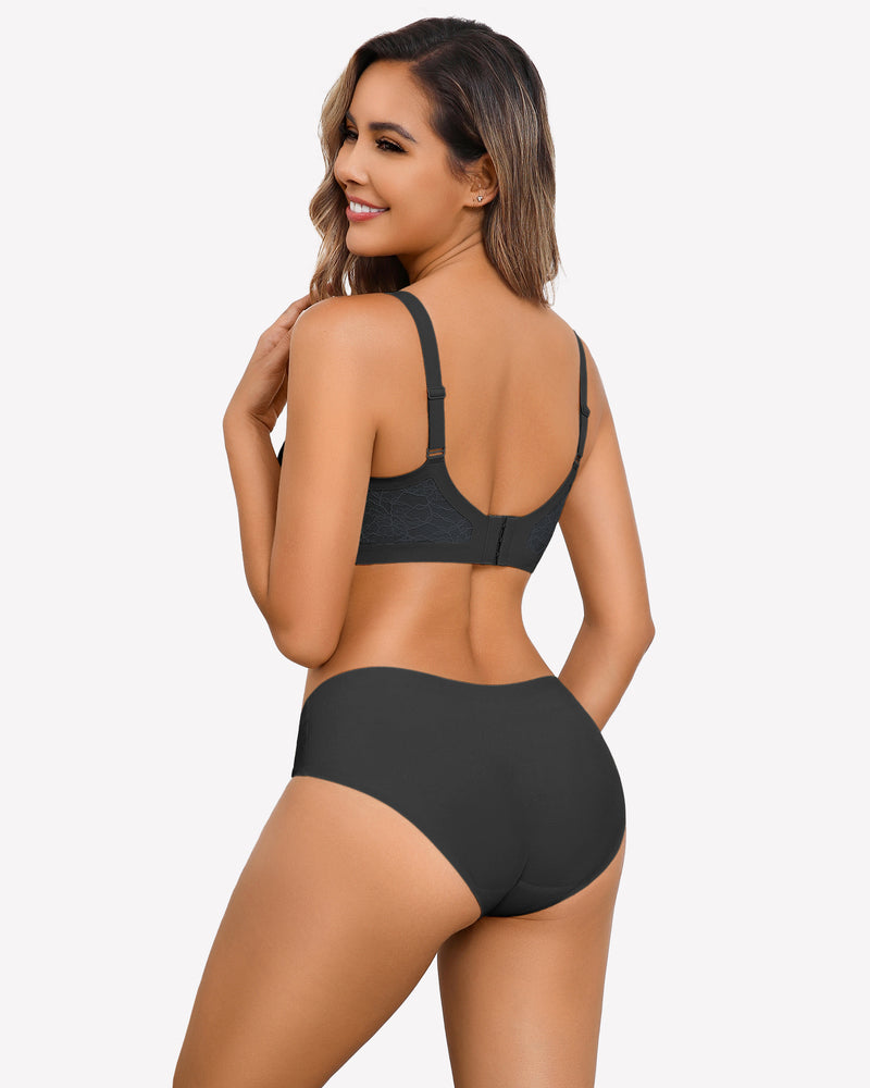 Black seamless V-neck bra and underwear set with lace detail, wireless and comfortable