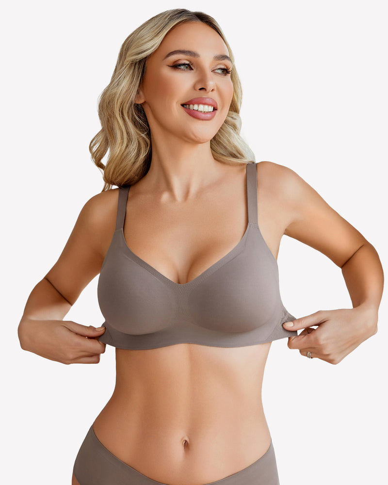 Seamless taupe V-neck bra, wireless support, comfortable design for women.
