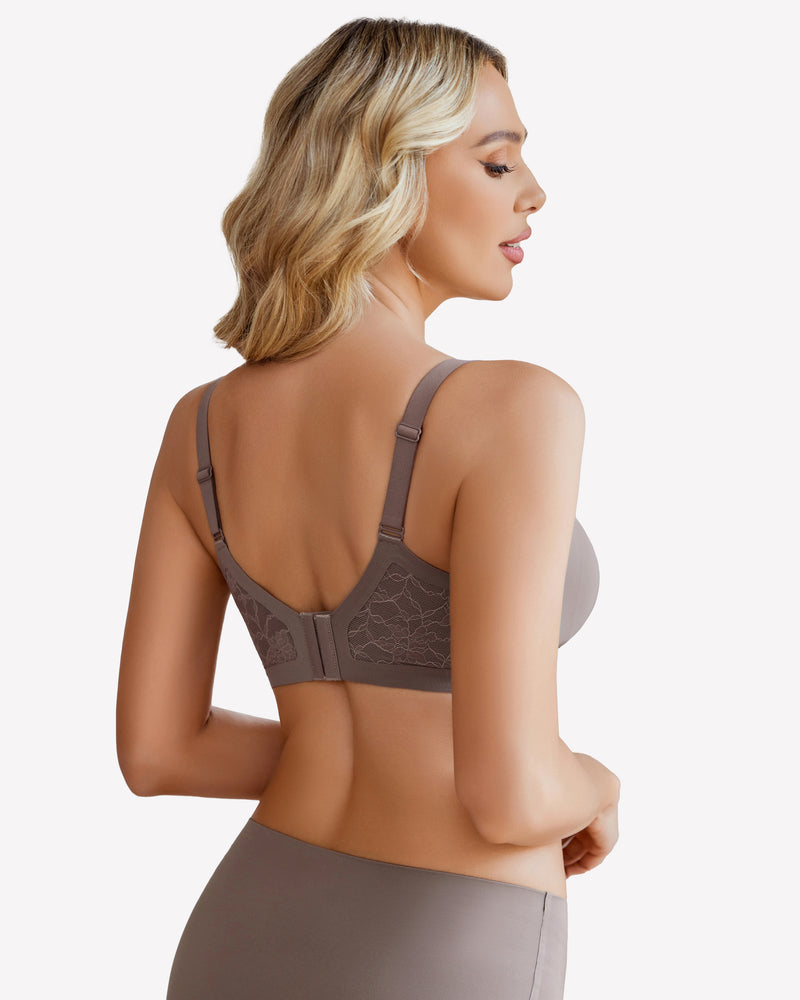 Taupe seamless V-neck bra with lace back detail, wireless support, and comfortable design.