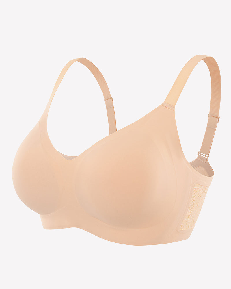 Beige seamless V-neck bra with lace detail, wireless support, and adjustable straps.