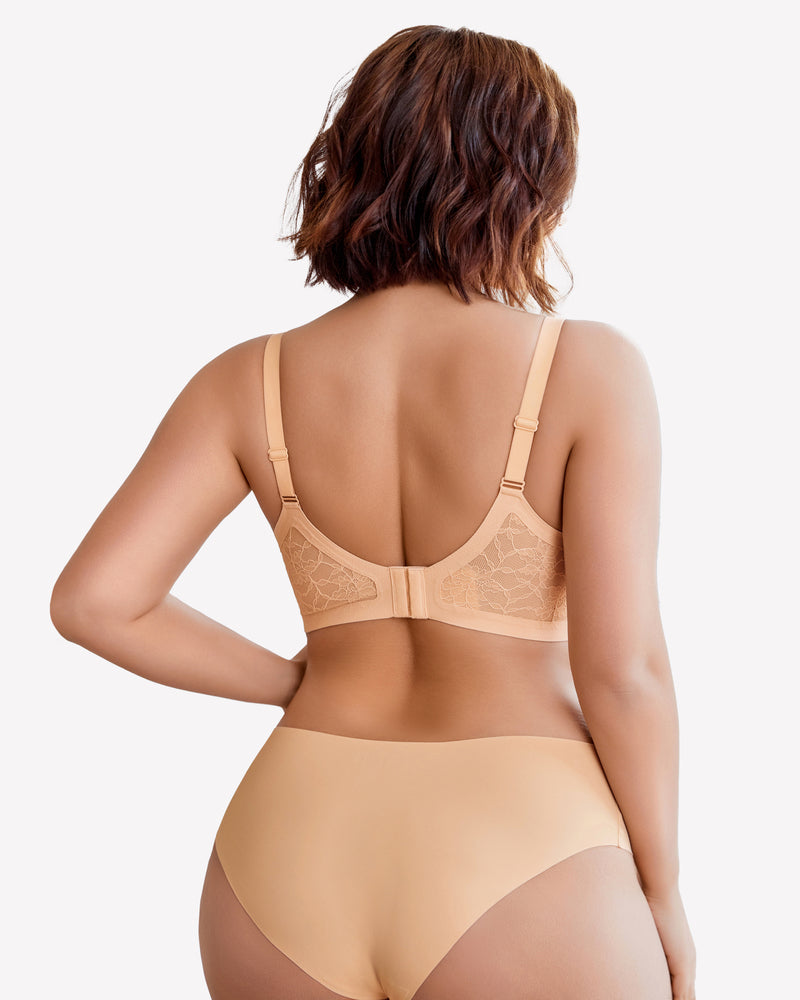 Beige seamless V-neck bra and underwear set, lace detail, wireless and comfortable