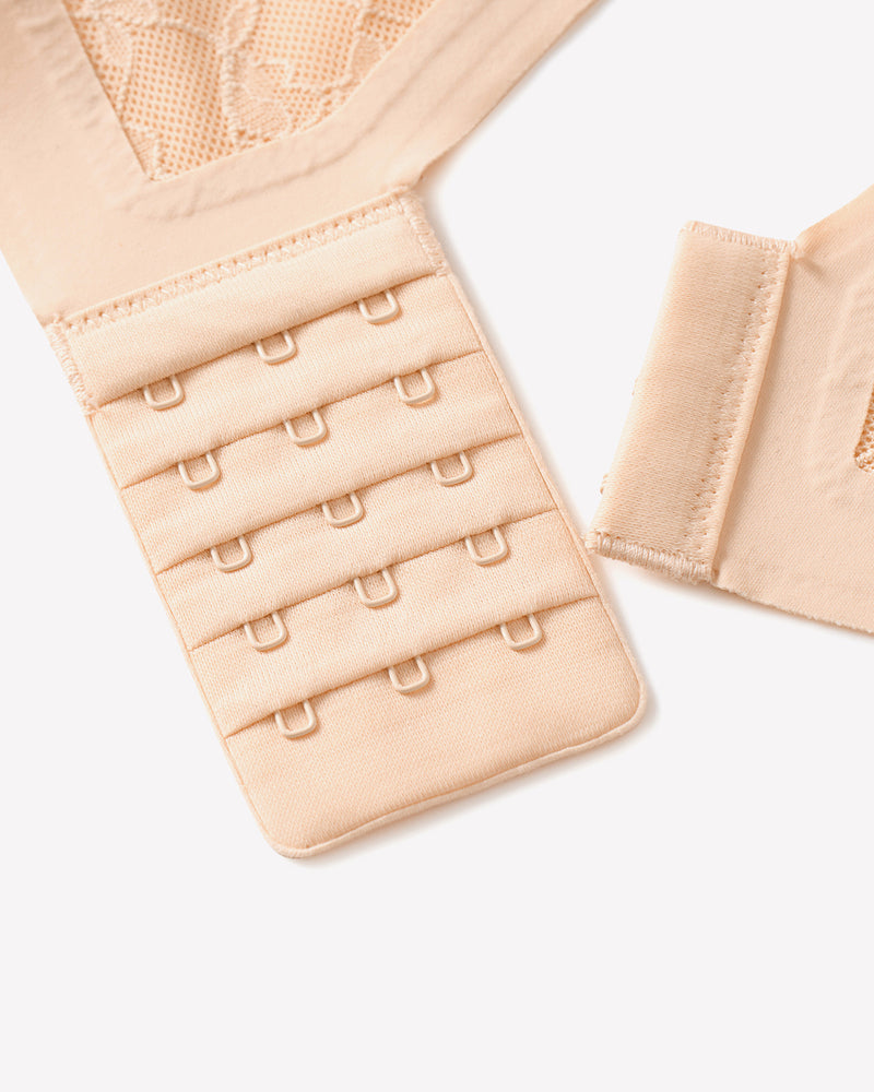 Beige seamless V-neck bra back closure with 5-row hooks and adjustable straps
