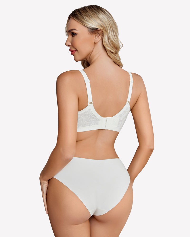 White seamless V-neck bra and underwear set, lace detail, wireless and comfortable