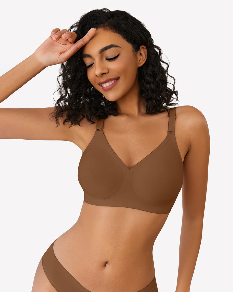 Brown wireless push-up bra with V-neck and seamless design, modeled by a woman