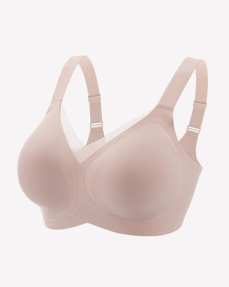 Seamless comfort bra in light pink, no underwire, adjustable straps, perfect for all-day comfort
