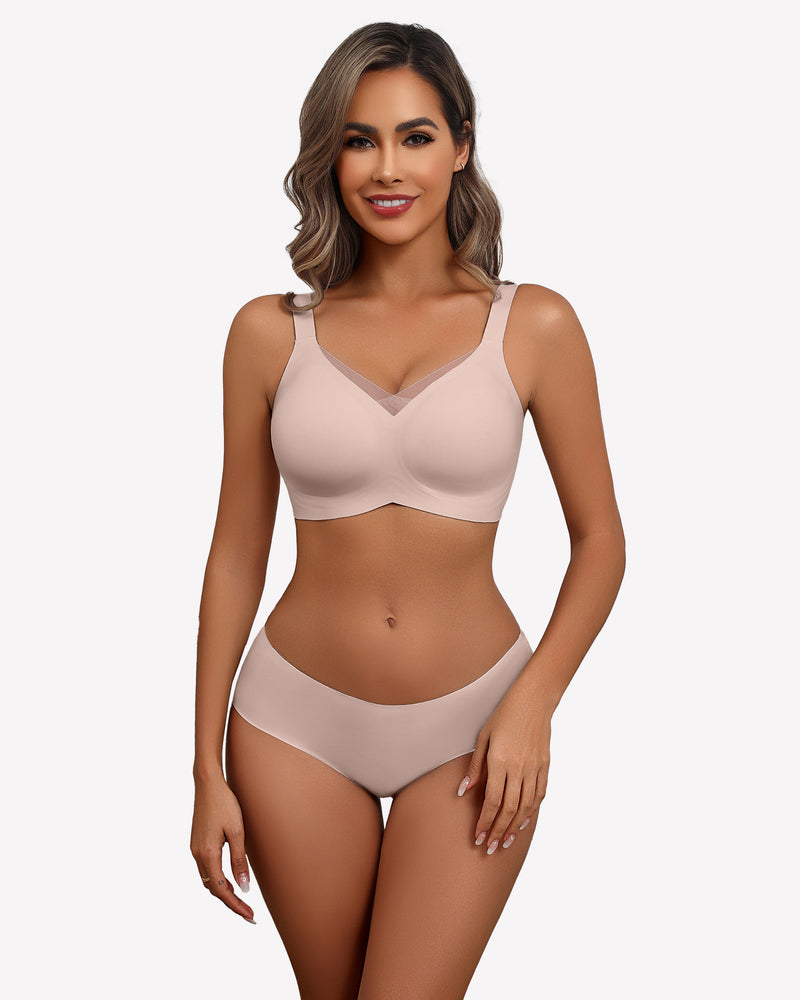 Nude seamless comfort bra and underwear set modeled by a smiling woman, perfect for all-day comfort