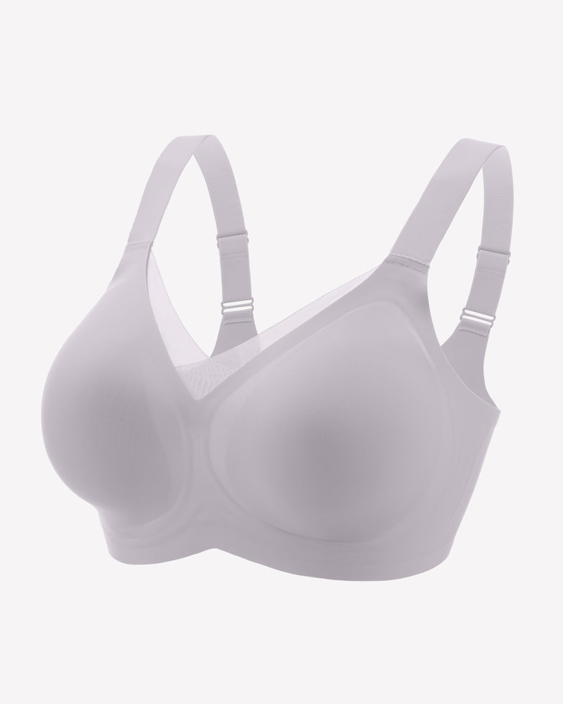 Light gray seamless comfort bra with adjustable straps and no underwire, perfect for all-day comfort