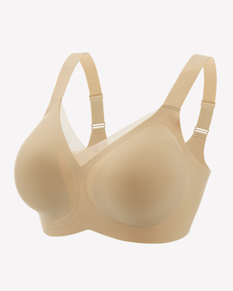 Beige seamless comfort bra with adjustable straps and no underwire, perfect for all-day comfort