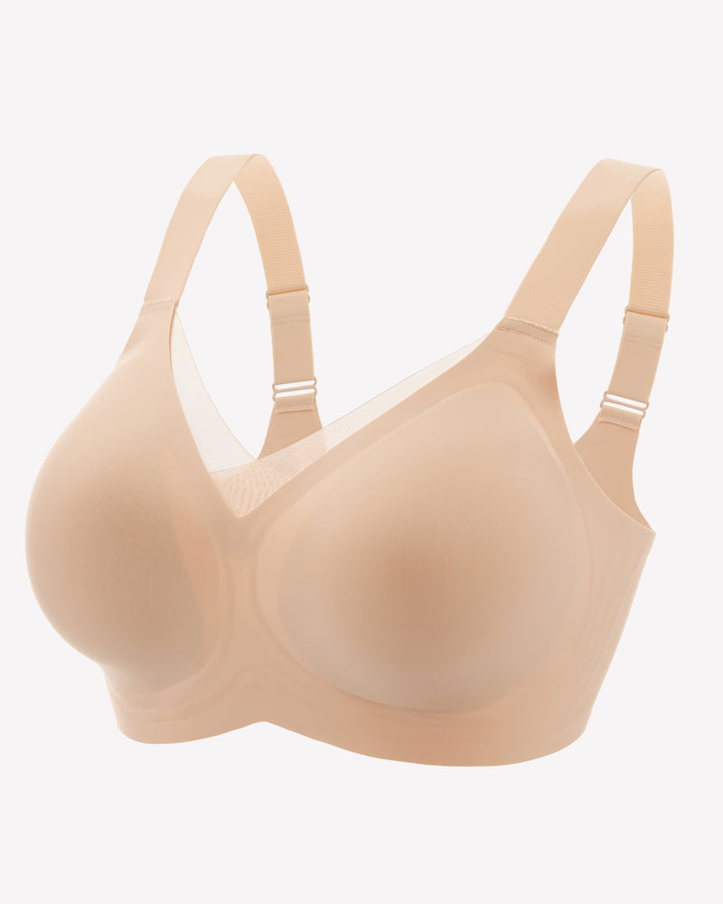 Seamless beige comfort bra with adjustable straps and wire-free design for all-day comfort
