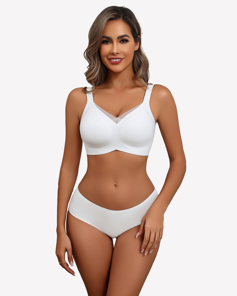 White seamless comfort bra, no underwire, adjustable straps, all-day comfort, modeled by a woman