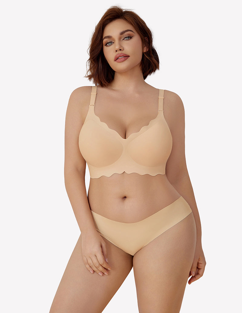 Beige wireless push up bra and underwear set with scalloped edge, soft and comfortable