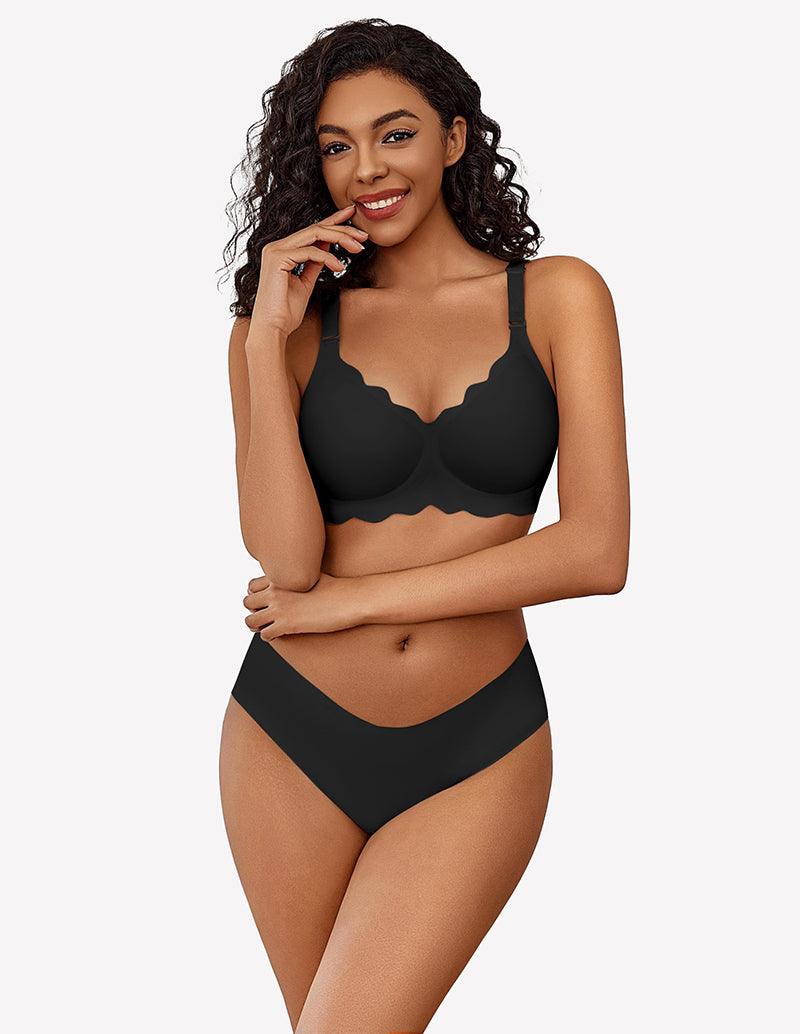 Black wireless push up bra with scalloped edge and matching underwear, soft nylon
