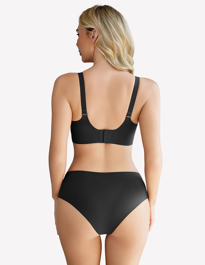 Black wireless full coverage bra and matching underwear set, silky soft nylon, comfortable fit