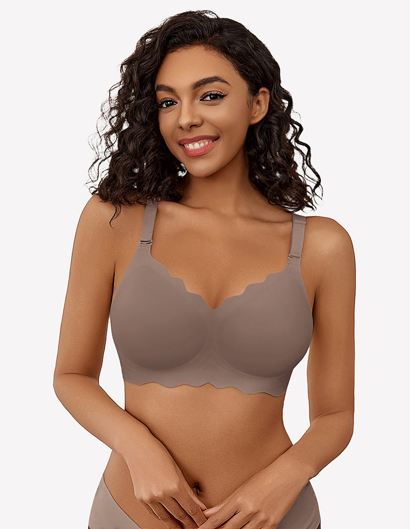 Taupe scalloped edge wireless full coverage bra and underwear set, soft nylon