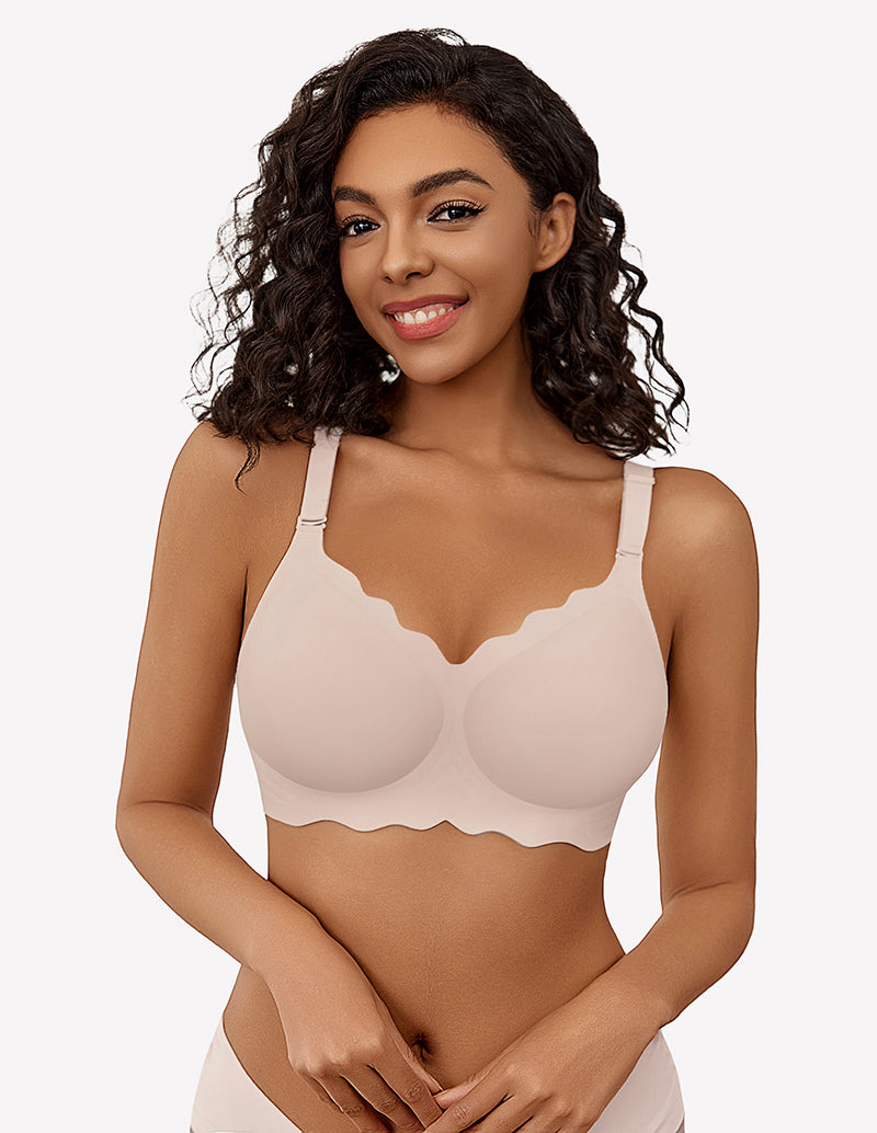Beige wireless full coverage push up bra with scalloped edge, silky soft nylon, comfortable fit