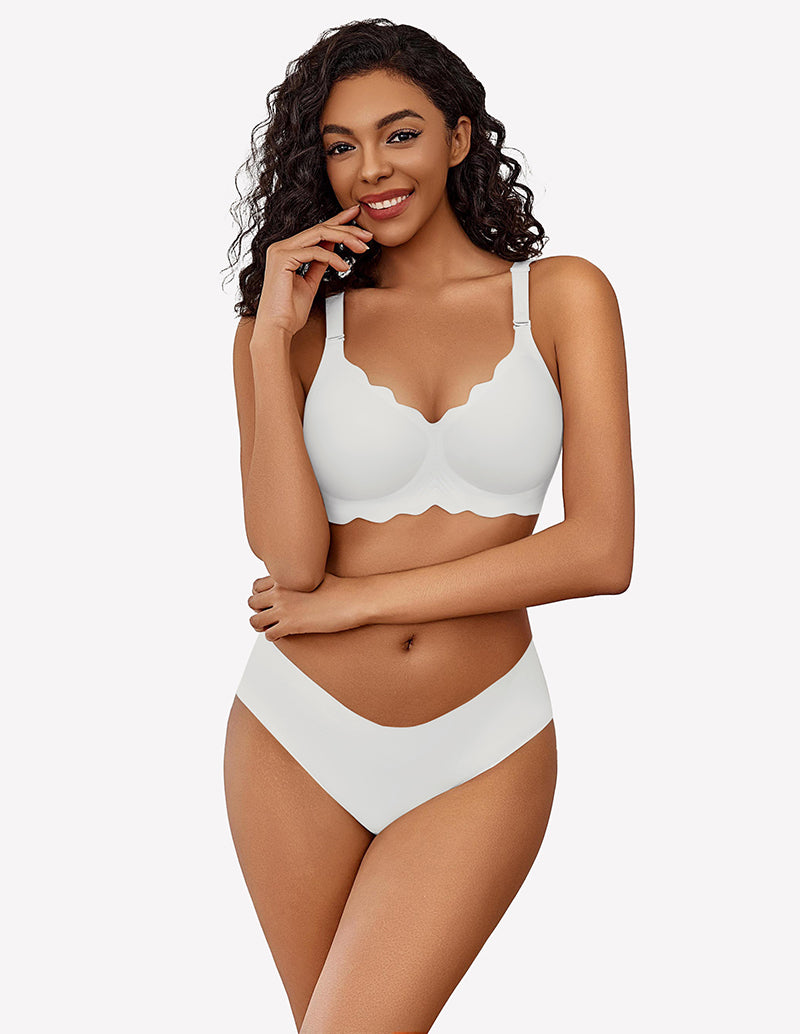 White wireless full coverage push-up bra and underwear set with scalloped edges, smiling model