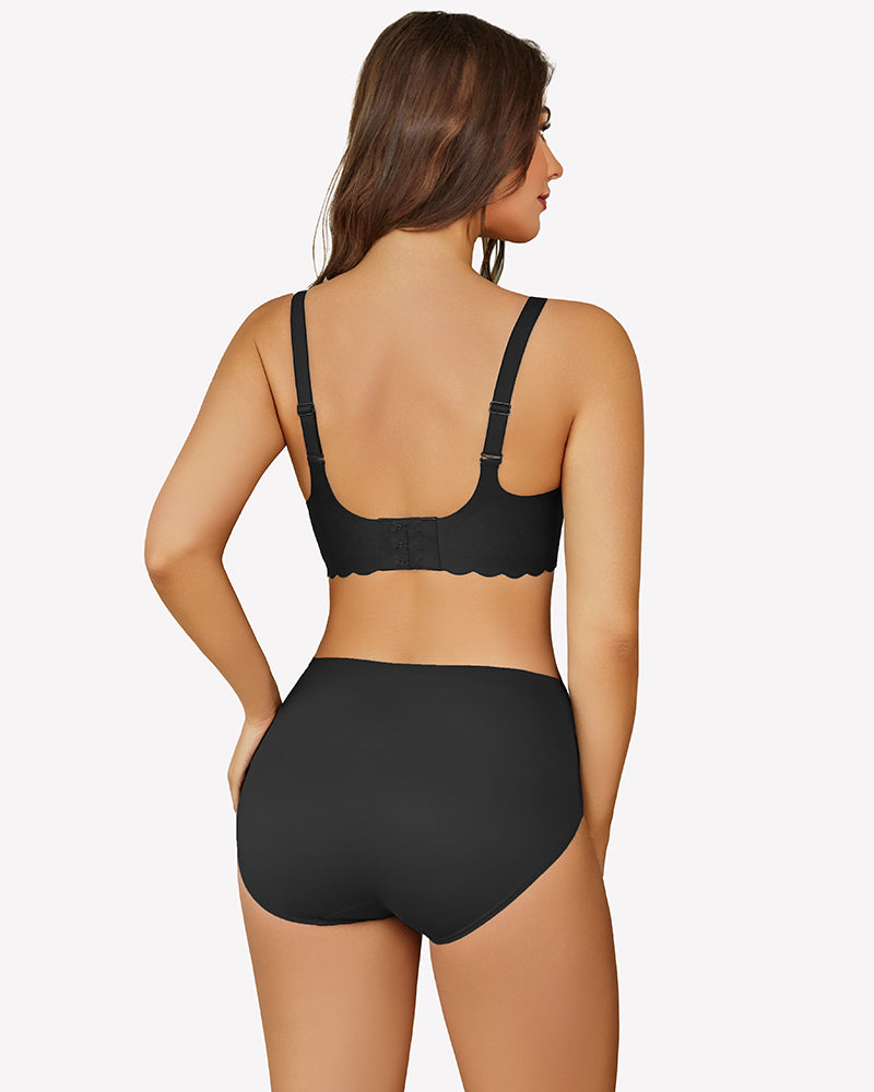 Black seamless V-neck bra and underwear set with scalloped edges, full coverage, and smooth fabric