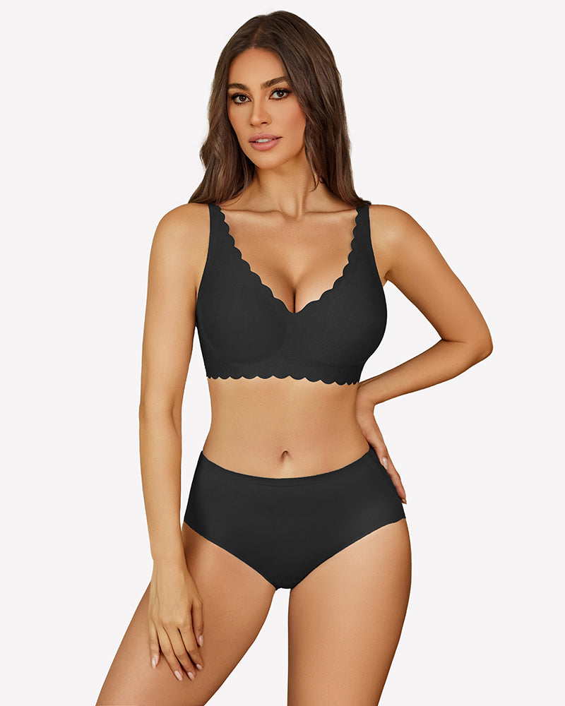Black seamless V-neck bra with scalloped edges and matching underwear, full coverage, smooth fabric