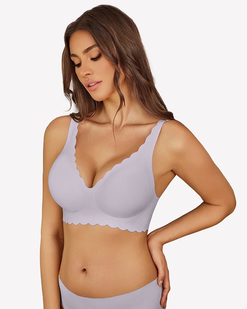 Lavender seamless V-neck bra with scalloped edges, full coverage, and soft, smooth fabric.