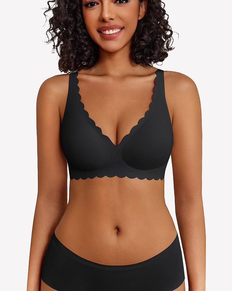 Black seamless V-neck bra and underwear set with scalloped edges, full coverage, and smooth fabric.