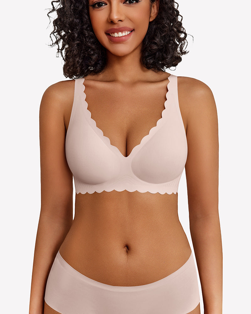 Light pink seamless V-neck bra and underwear set with scalloped edges and full coverage