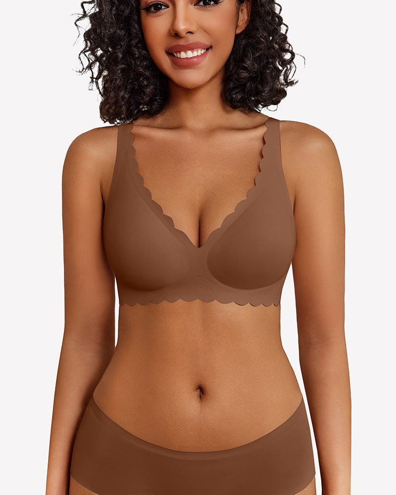 Brown seamless V-neck bra and underwear set with scalloped edges, full coverage, smooth fabric