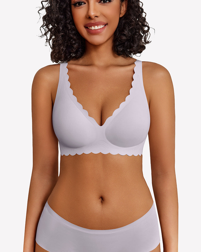 Light purple seamless V-neck bra and underwear set, scalloped edges, full coverage, smooth fabric