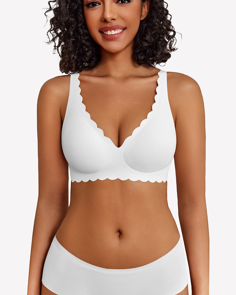 White seamless V-neck bra and underwear set with scalloped edges, full coverage, smooth fabric.