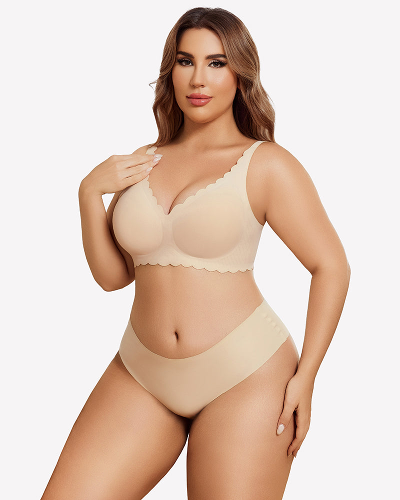 Beige seamless V-neck bra and underwear set, scalloped edges, full coverage, smooth fabric
