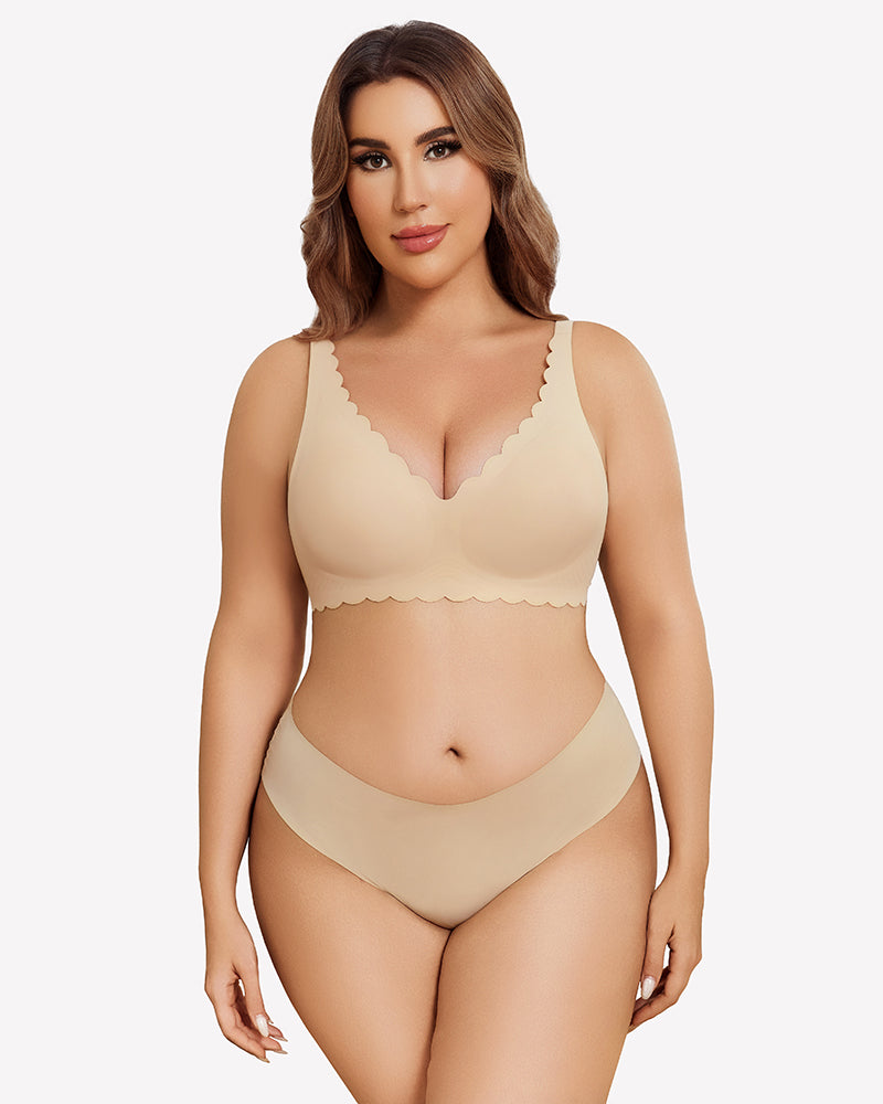 Beige seamless V-neck bra and underwear set with scalloped edges, full coverage, smooth fabric