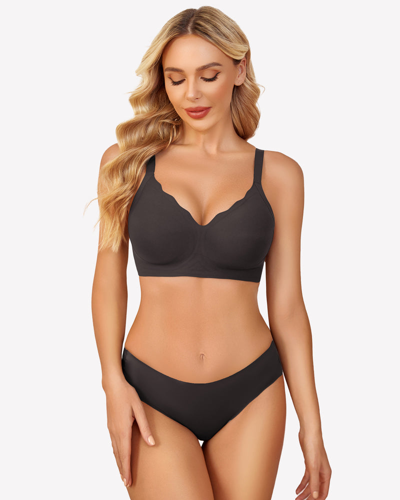 Black seamless push-up bralette, petal neckline, wireless bra and underwear set