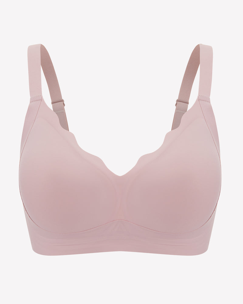 Seamless push-up bralette in light pink with petal neckline, wireless bra for comfort and support