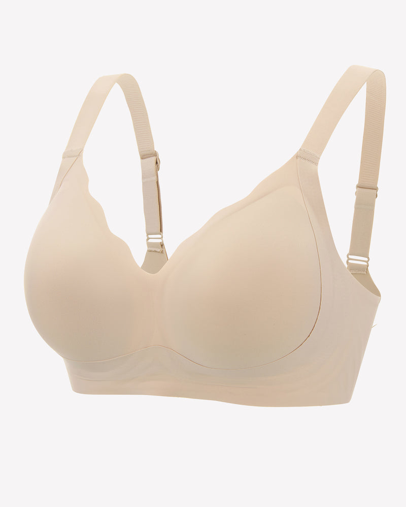 Beige seamless push-up bralette, petal neckline, wireless bra for comfort and support.