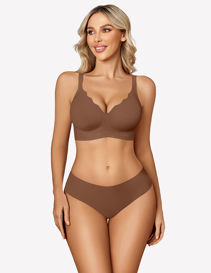 Brown seamless push-up bra set with scalloped edge and adjustable straps for all-day comfort