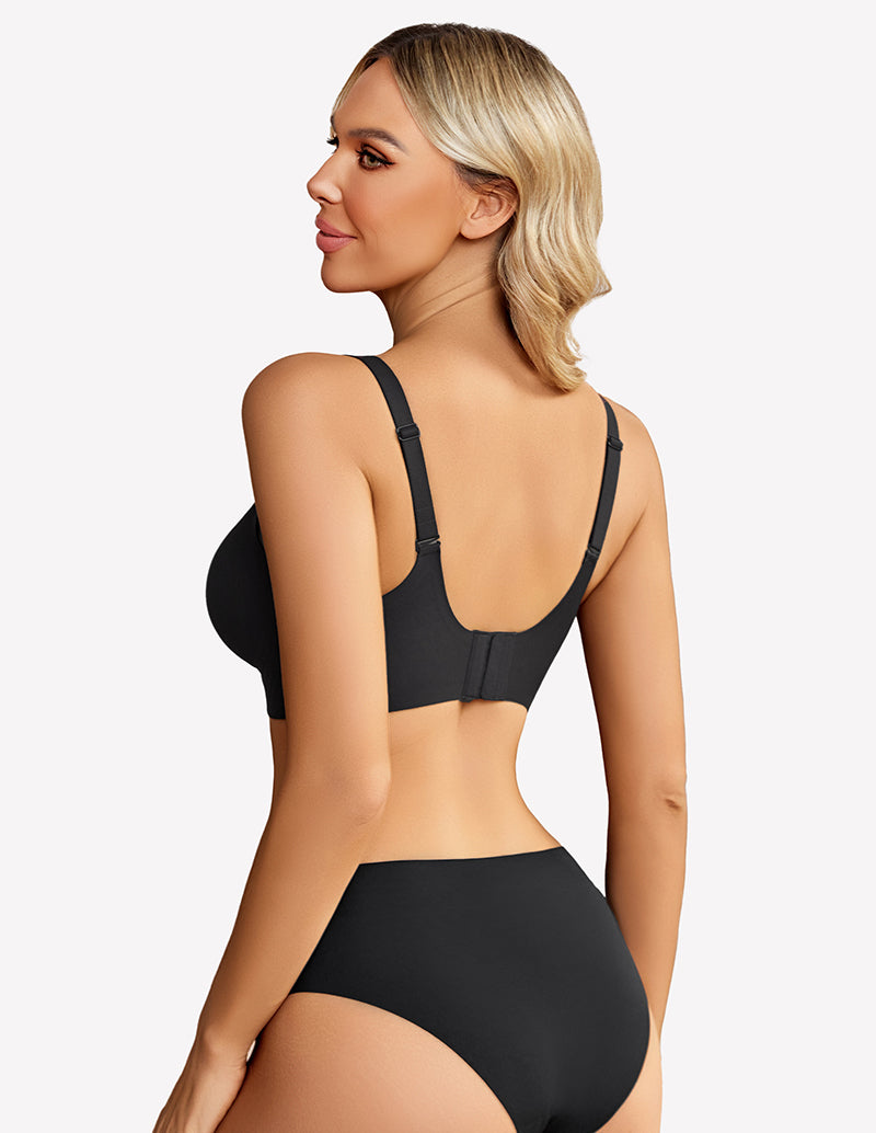 Seamless black push-up bra set with adjustable straps and comfortable design.
