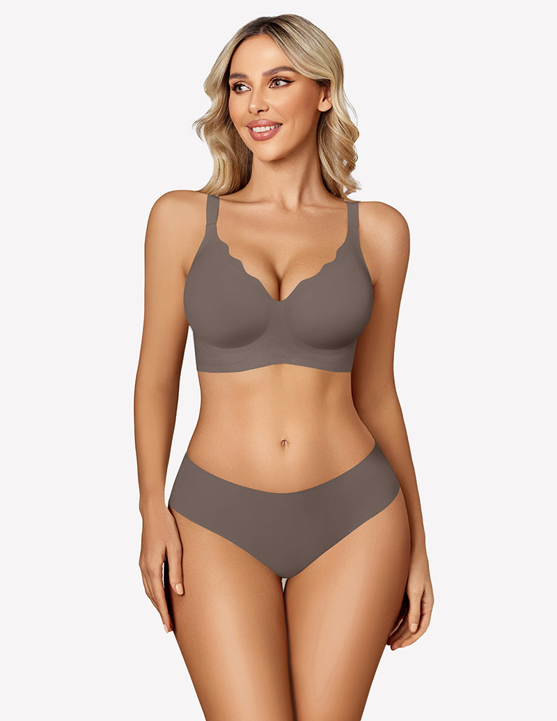 Taupe seamless push-up bra set with scalloped edge, adjustable straps, offering all-day comfort.