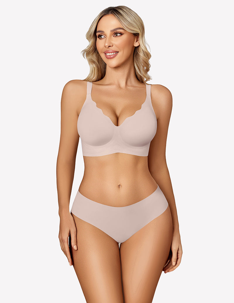 Beige seamless push-up bra set with scalloped edge, adjustable straps, offering all-day comfort.