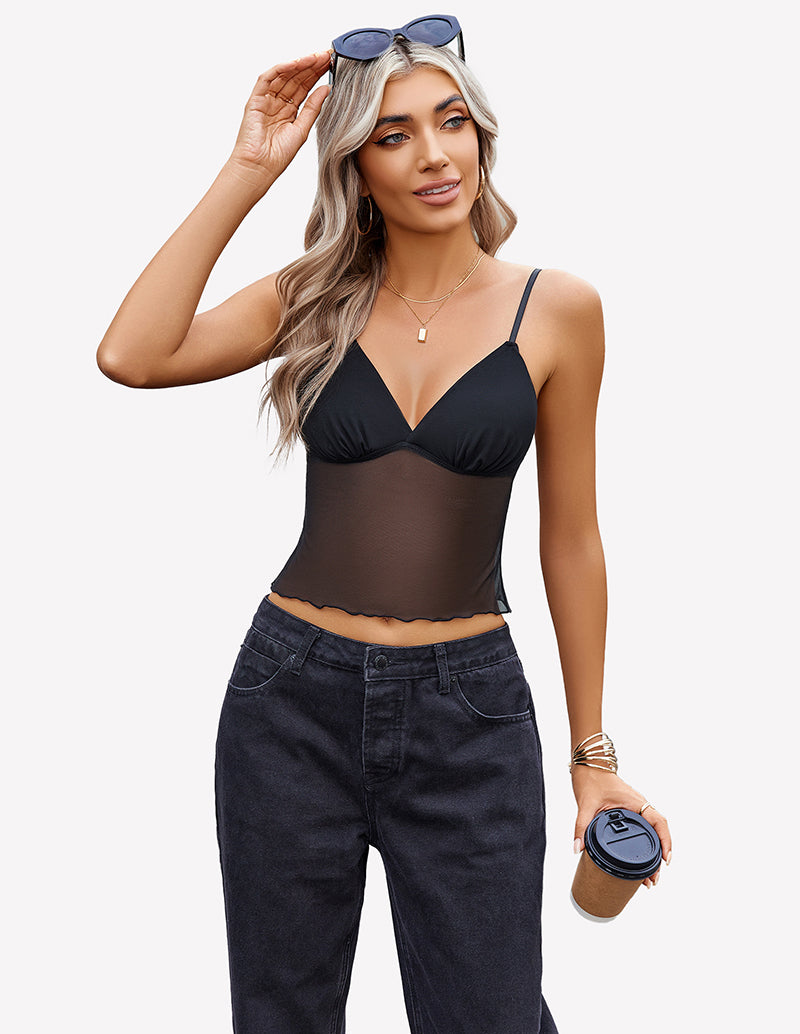 Black mesh crop top with adjustable straps, paired with black jeans, fashionable summer outfit