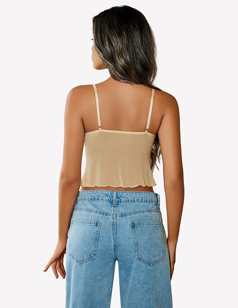 Beige mesh Y2K crop top with adjustable straps. Comfortable and trendy summer tank top.
