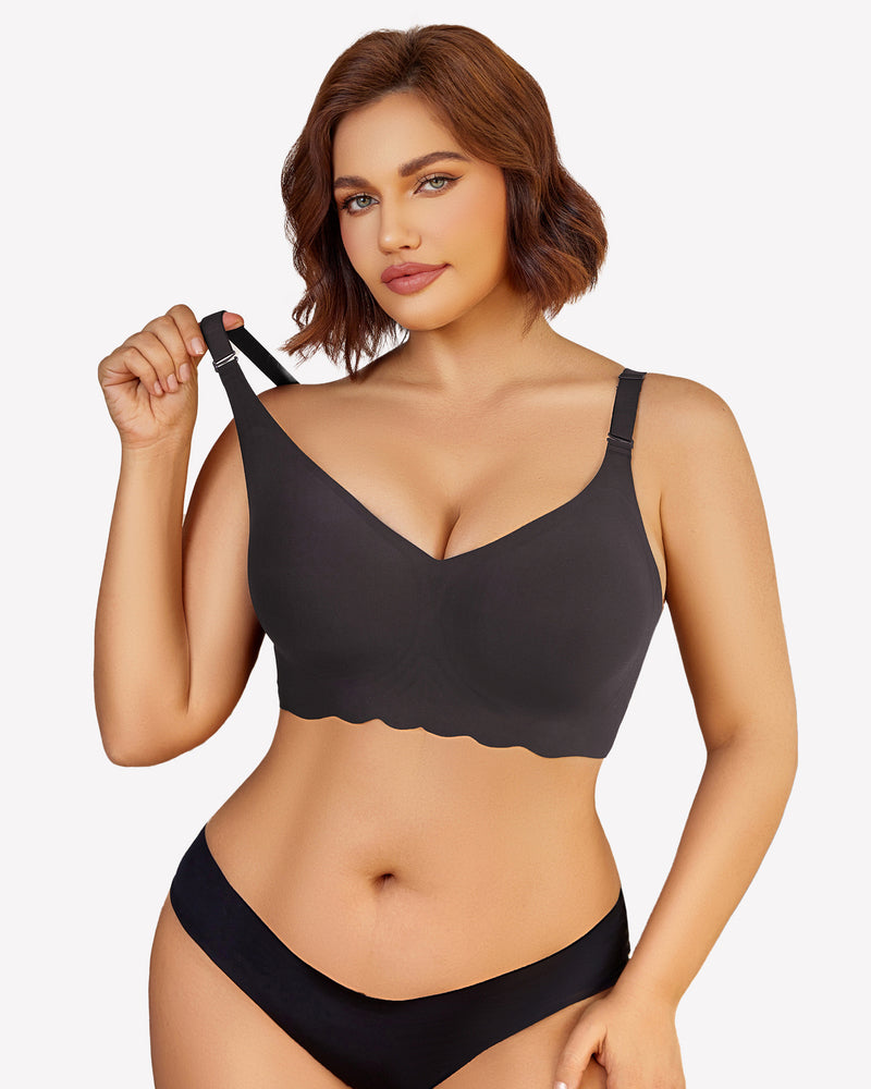 Black wireless bralette bra with V-neck and petal edge design, paired with a matching black panty.