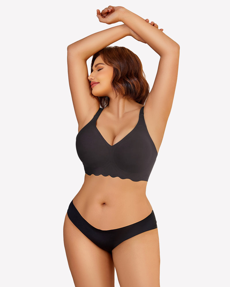 Black wireless bralette bra with V-neck and petal edge design, matching black panty.