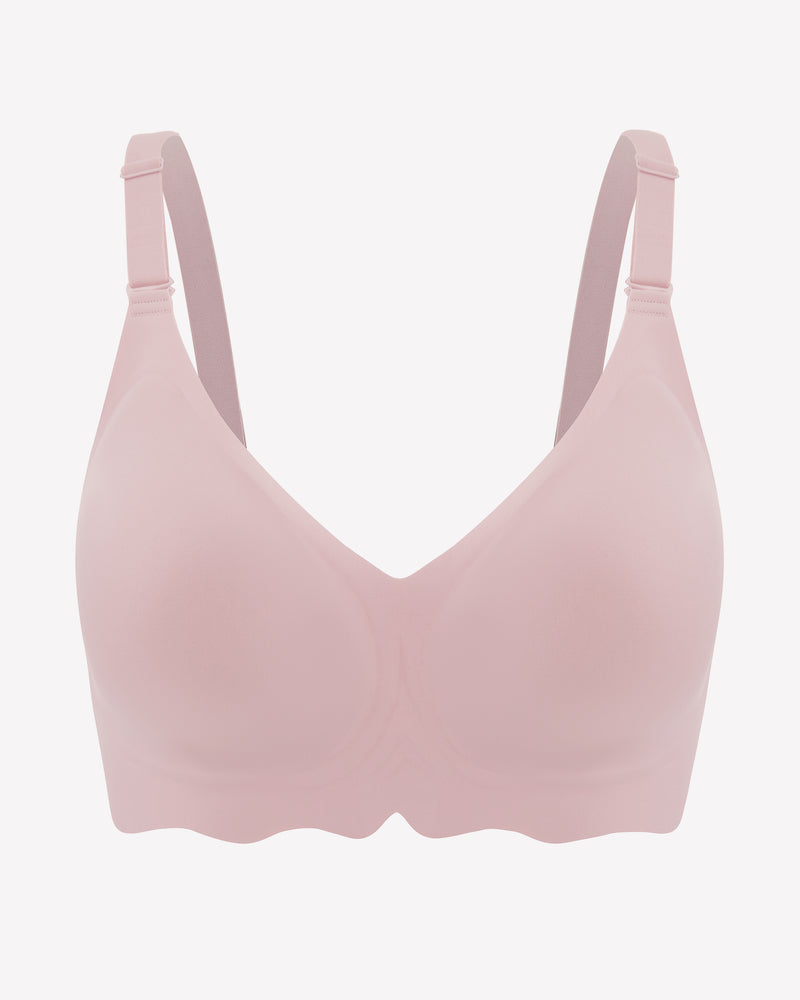 Light pink wireless bralette bra with V-neck and petal edge design, comfortable and stylish.