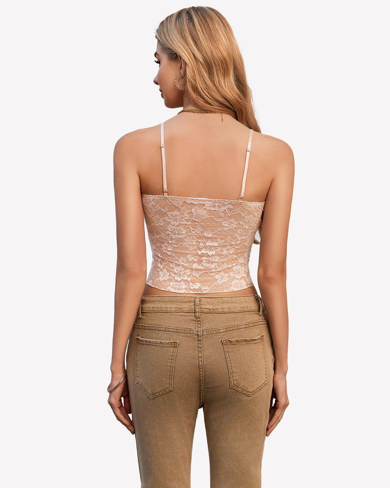 Beige lace cami top with adjustable straps, paired with brown jeans, perfect Y2K style