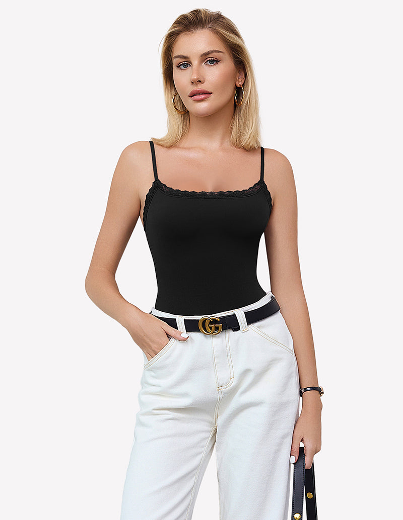 Black lace bodysuit tank top with square neck and spaghetti straps, Avidlove lingerie.