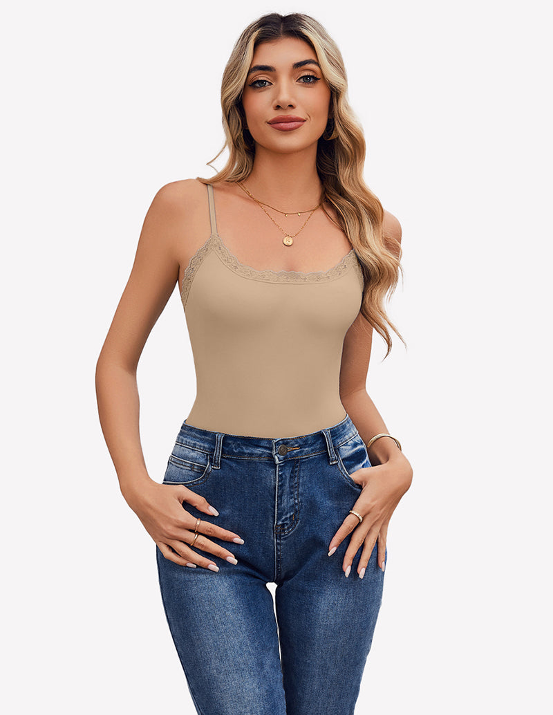 Tan square neck lace bodysuit with lace trim, paired with blue jeans, for a confident look.