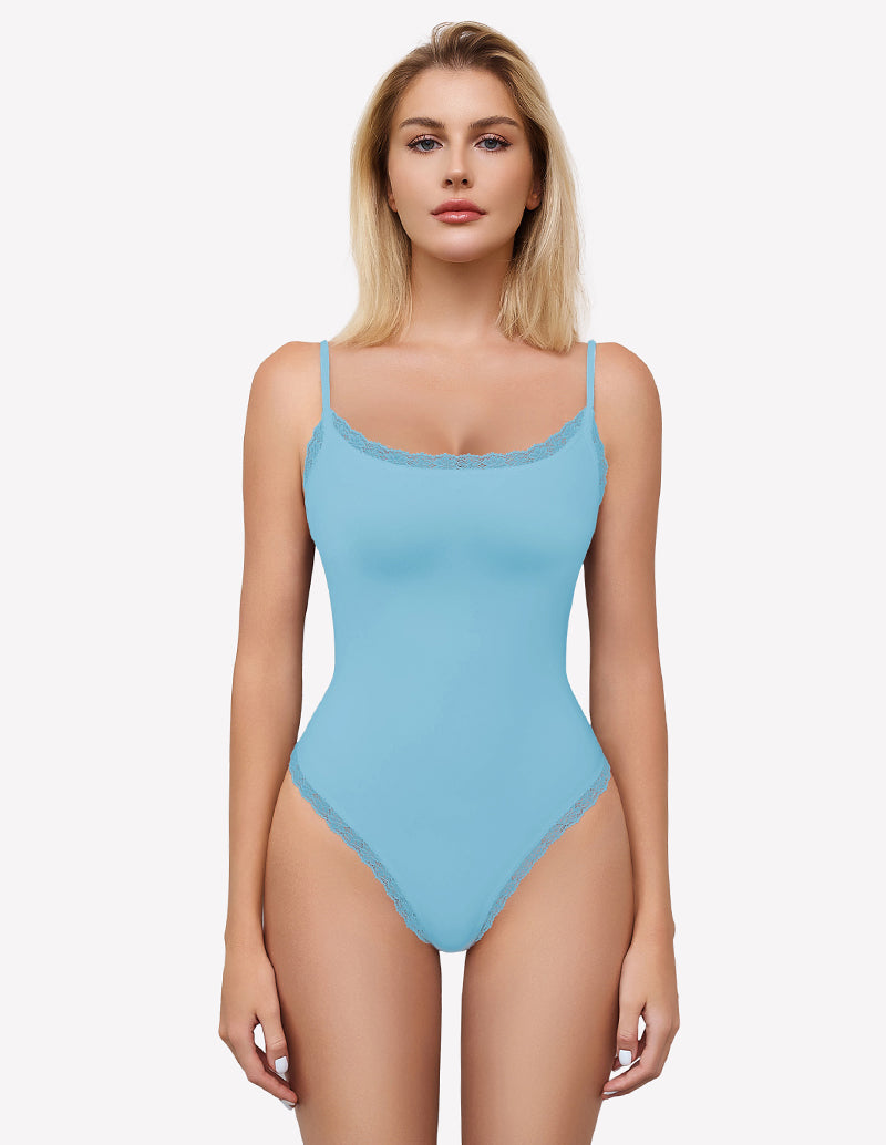 Avidlove light blue square neck lace bodysuit tank top with spaghetti straps and lace trim