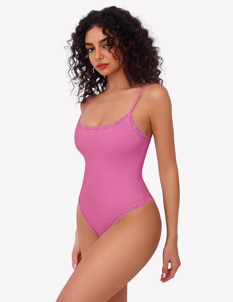 Avidlove pink square neck lace bodysuit with spaghetti straps and lace trim